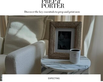 May include: A white, fluffy armchair with a picture frame and a white candle on a marble side table. The picture frame is made of natural rope and has a black and white photo inside. The candle has a white label with black text. The text on the website reads "PREP a PORTER" and "Discover the key essentials to prep and print now".
