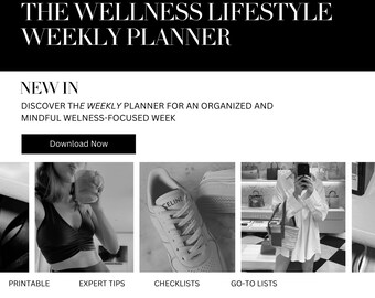 May include: A black and white image promoting a wellness lifestyle weekly planner. The image features three photos: a woman holding a cup, a white sneaker, and a woman holding a phone. The text "NEW IN" and "DISCOVER THE WEEKLY PLANNER FOR AN ORGANIZED AND MINDFUL WELLNESS-FOCUSED WEEK" is displayed at the top of the image. The text "Download Now" is displayed in a button below the text. The text "PRINTABLE", "EXPERT TIPS", "CHECKLISTS", and "GO-TO LISTS" is displayed below the photos. The text "PREP a PORTER" is displayed at the bottom of the image.