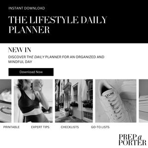 Könnte beinhalten: Schwarz-weiße Grafik mit dem Text "THE LIFESTYLE DAILY PLANNER" und "INSTANT DOWNLOAD". Darunter werden die Texte "NEW IN" und "DISCOVER THE DAILY PLANNER FOR AN ORGANIZED AND MINDFUL DAY" angezeigt. Das Bild enthält auch das Wort "CELINE".