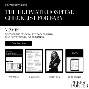 K&ouml;nnte beinhalten: Ein Schwarzwei&szlig;bild einer Website mit dem Text "The Ultimate Hospital Checklist for Baby" und einem Button mit der Aufschrift "Download Now". Die Website ist in vier Abschnitte unterteilt: Printable, Checklists, Expert Tips und Go-to Brands. Jeder Abschnitt enth&auml;lt ein Schwarzwei&szlig;bild einer Checkliste oder einer Frau.