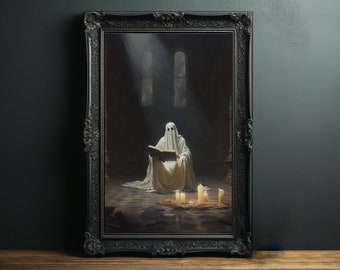 Vintage Ghost Reading Print: Dark Academia Halloween Decor (Digital Download)