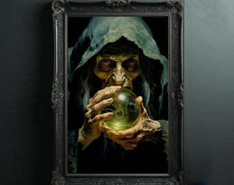 Witch Crystal Ball Print | Spooky Poster | Halloween Poster | Witch Print | Halloween Printable Wall Art | Halloween Decor | Witch Painting