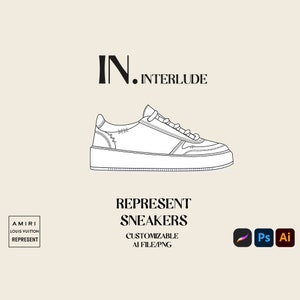 Puede incluir: Un dibujo en blanco y negro de una zapatilla con el texto "IN. INTERLUDE" encima y "REPRESENT SNEAKERS CUSTOMIZABLE AI FILE/PNG" debajo. El texto "AMIRI LOUIS VUITTON REPRESENT" está en un cuadro a la izquierda de la zapatilla. Los iconos de Adobe Illustrator, Photoshop y un pincel están en la esquina superior derecha.