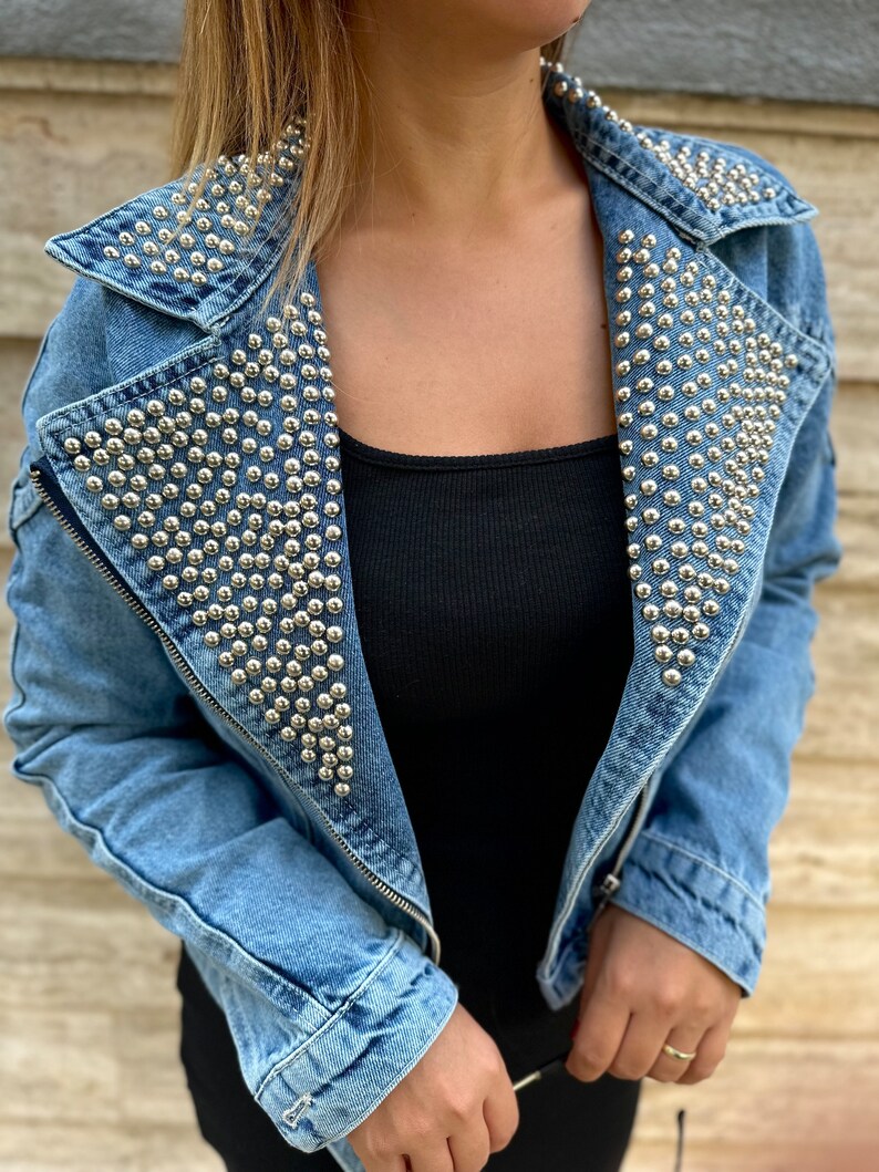 Women's Denim Pearls Embellished Jacket, Boho Chic Hippie Jacket