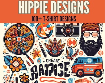 100+ Hippies T-Shirt Designs | Mega Bundle | Instant Download | png svg eps dxf