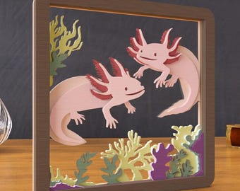 Planos para corte láser - Marco de ajolote - Obra de arte multicapa - Efecto de quemado de luz - Archivo para corte láser - Madera, cartón, acrílico - Archivo CNC - SVG, DXF, AI, EPS, PDF