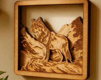 Planos para corte láser - Marco de lobo - Obra de arte multicapa - Efecto Lightburn - Lobo SVG - Archivo para corte láser - Grabado láser - Animal - SVG DXF AI EPS PDF