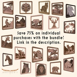 Puede incluir: Una colecci&oacute;n de 20 archivos de corte digital con varios animales, incluyendo una jirafa, una cebra, un le&oacute;n, un rinoceronte, un elefante y m&aacute;s. Los archivos son perfectos para crear arte de pared decorativo, decoraci&oacute;n del hogar o regalos personalizados.