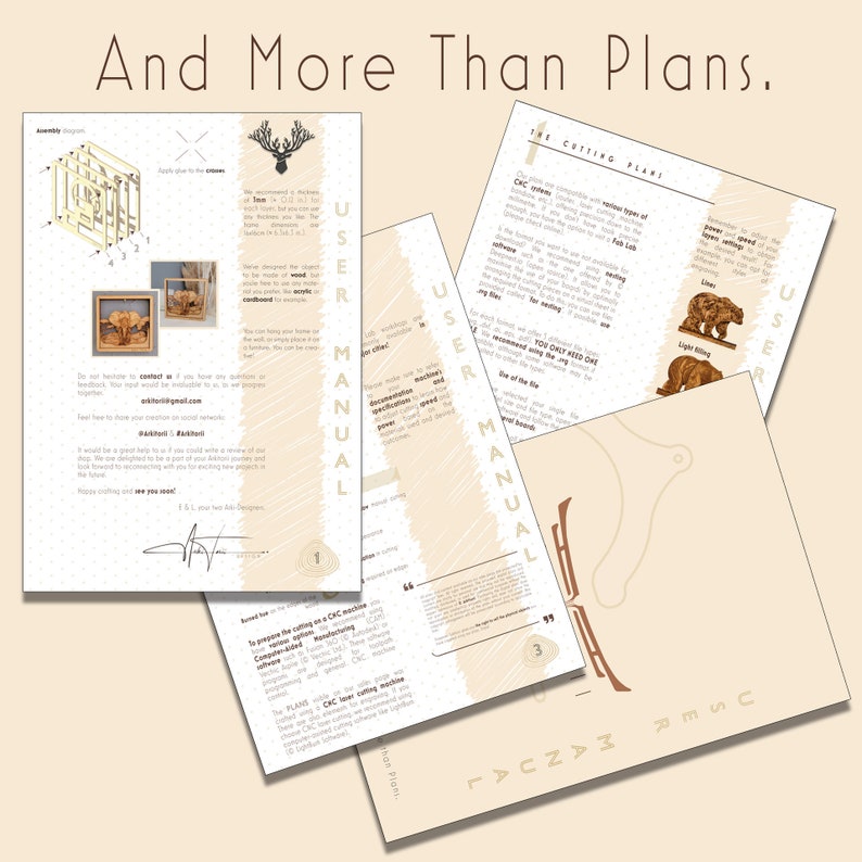 Puede incluir: Un manual de usuario para un proyecto de carpinter&iacute;a, con el t&iacute;tulo "The Cutting Plans" e instrucciones para usar una m&aacute;quina CNC. El manual incluye un diagrama de un oso y un ciervo, y el texto "You Only Need One Jig".