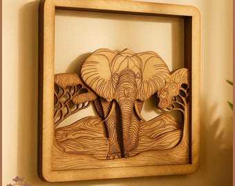 Planos para corte láser - Marco de elefante - Obra de arte multicapa - Efecto Lightburn - Archivos para corte láser - Archivos de corte - Animal de safari - Svg Dxf Ai Eps Pdf