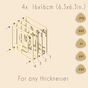 Puede incluir: Modelo 3D de madera beige de cuatro capas con un dise&ntilde;o con los n&uacute;meros 1, 2, 3 y 4 etiquetados en la esquina inferior derecha. El dise&ntilde;o mide 16 cm por 16 cm. La imagen tambi&eacute;n muestra los tipos de archivos disponibles para descargar: SVG, DXF, AI, EPS y PDF.