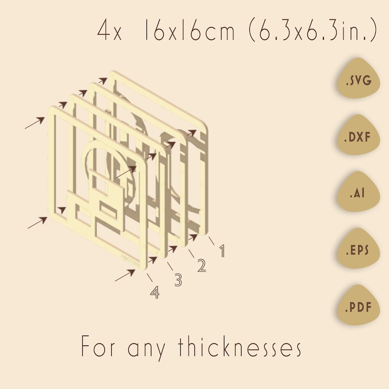 Puede incluir: Modelo 3D de madera beige de cuatro capas con un dise&ntilde;o con los n&uacute;meros 1, 2, 3 y 4 etiquetados en la esquina inferior derecha. El dise&ntilde;o mide 16 cm por 16 cm. La imagen tambi&eacute;n muestra los tipos de archivos disponibles para descargar: SVG, DXF, AI, EPS y PDF.