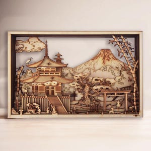 May include: A wooden relief carving of a Japanese landscape, featuring a pagoda, Mount Fuji, and a torii gate. The artwork is framed in a dark wood border, with detailed carving and a natural wood grain finish. The scene includes trees, clouds, and figures.
