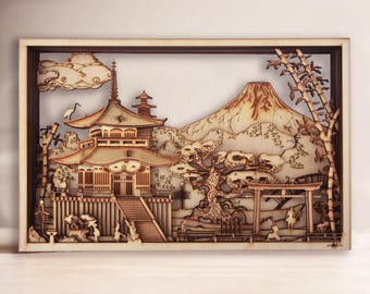 ARIKIRA — Tempio giapponese multistrato SVG / File tagliato al laser, Diorama in legno a 12 strati per pareti (file di taglio digitale) / Opera d'arte multistrato SVG