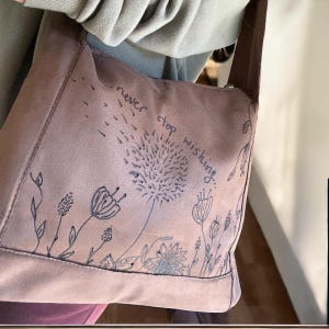 Hand-Burned Suede Shoulder Bag – ‘Never Stop Wishing’ – Boho Leather Purse – Handmade Gift for Her – Unique Artisanal Tote