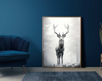 Deer Artwork | Realistic Black and White Deer in Nature |  Digital Poster