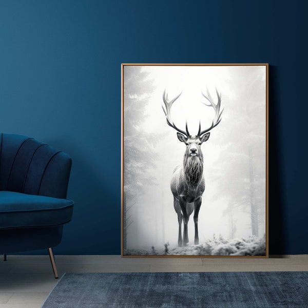 Deer Artwork | Realistic Black and White Deer in Nature |  Digital Poster