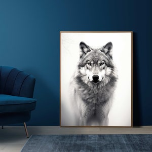 Schwarzweißer Wolf in der Natur | Waldnebel | Winter Wolf Foto | Modernes Wohnzimmer