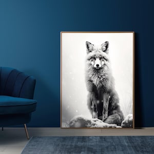 Black and White Fox in Snowy Nature | Fox Wall Art Winter Fog | Cute Animal Art