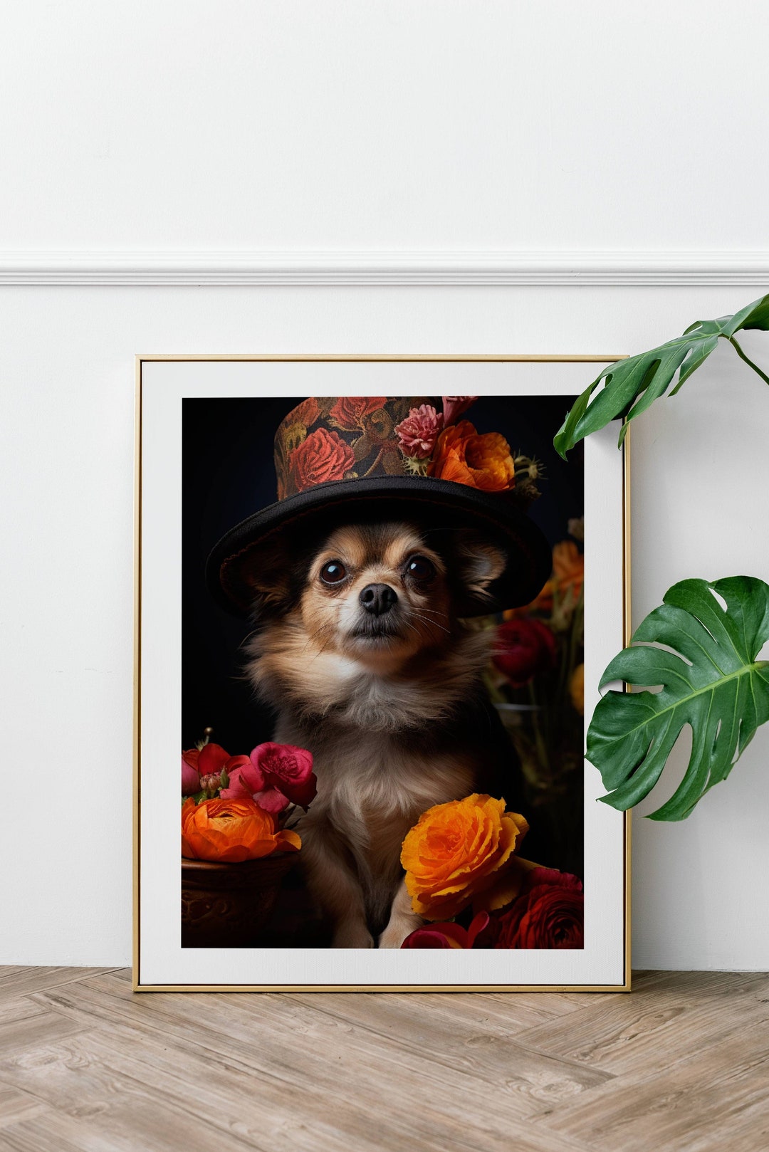 Dog Art Funny Digital Poster Cute Dog Photo With Hat and Flowers