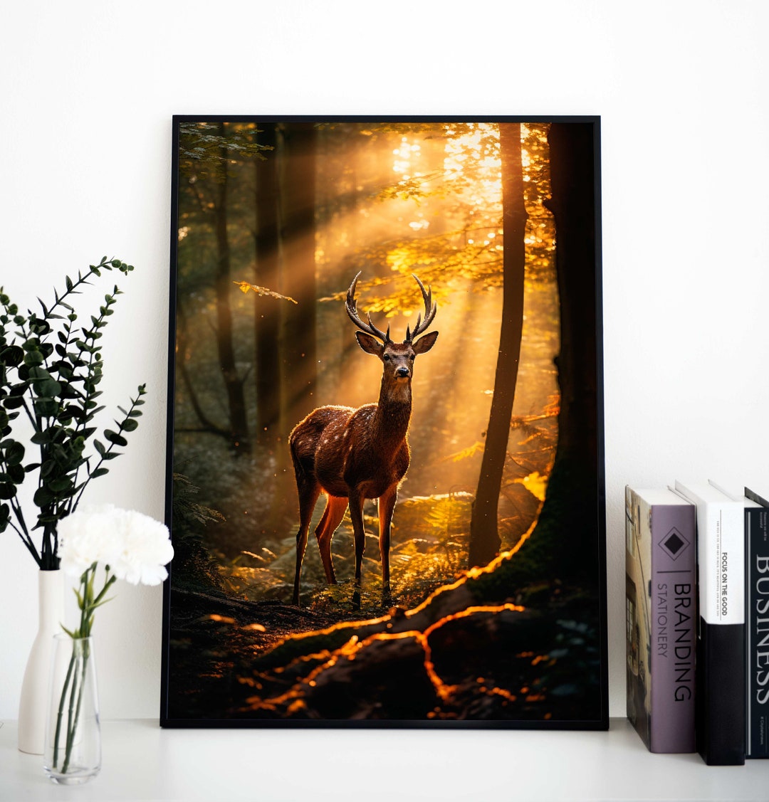 Deer in Woods at Golden Hour | Sunrays in Forest | Digital Poster