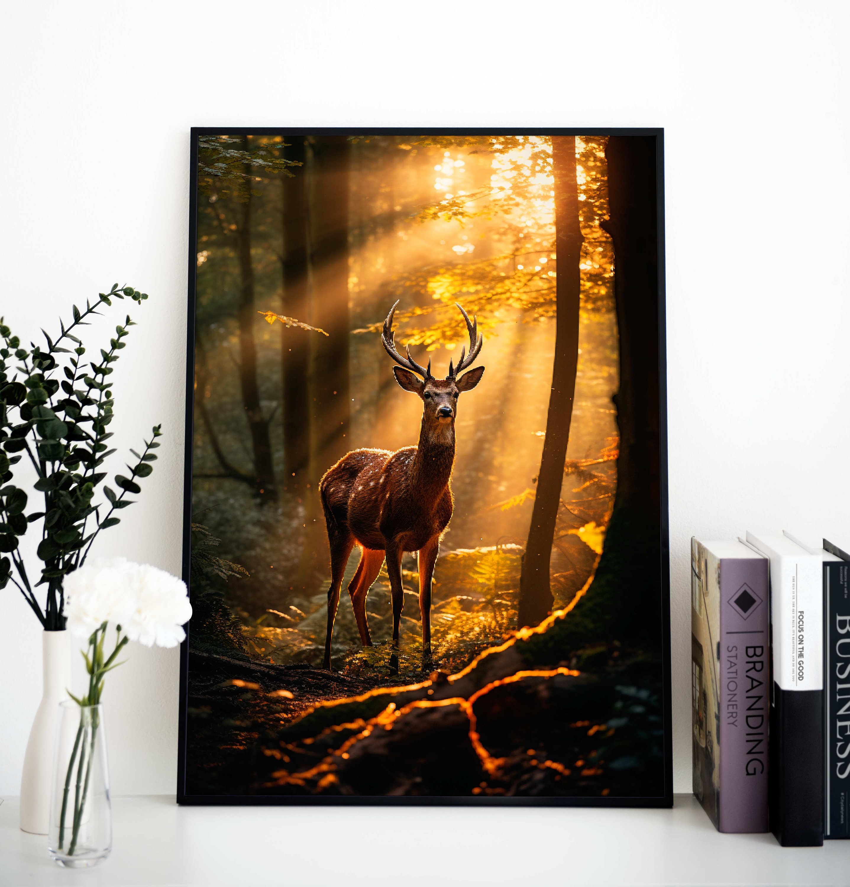 Deer in Woods at Golden Hour | Sunrays in Forest | Digital Poster