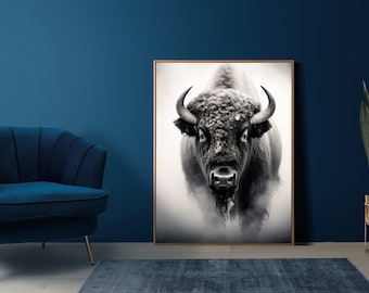 Black and White Bison | American Buffalo | Animal Art | Home Decor | Nature Fog