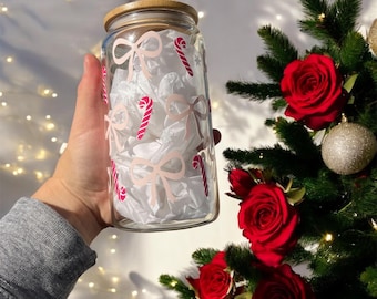 Coquette Bow and Candy Cane Glass Cup | Holiday Glass Cup |Pink Christmas |  Pink Bow Tumbler |Girly Cups | Christmas Gift for Her