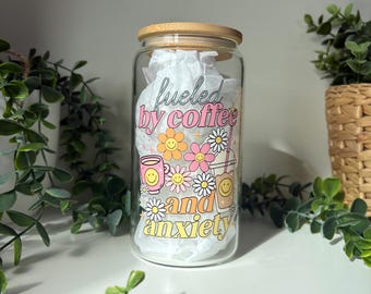 Iced Coffee Glass Tumbler | 16oz Glass Can Cup | Iced Coffee and Anxiety | Girly Gift
