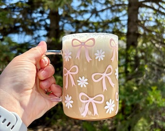 Bows and Daisy Glass Mug| Gifts for her| Coquette Cup| Summer Glass Mug | Bow and Daisy Tumbler|