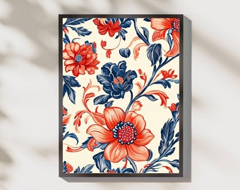 Impresión de arte digital con estampado floral, descarga instantánea de flores rojas y azules, impresión de pared, descarga instantánea de estampado floral, arte de pared con flores vibrantes