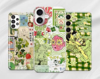 May include: Three phone cases with unique designs. The first case has a collage of stamps, a bunny, and Japanese text. The second case features a green frog, a pink face with star-shaped sunglasses, and the word "OUP". The third case has a green plaid pattern and cartoon characters.