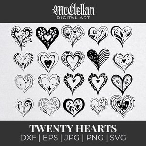 May include: Twenty black and white heart designs with intricate details. The hearts are arranged in four rows of five hearts each. The text "TWENTY HEARTS" is below the hearts, and the text "DXF | EPS | JPG | PNG | SVG" is below that.