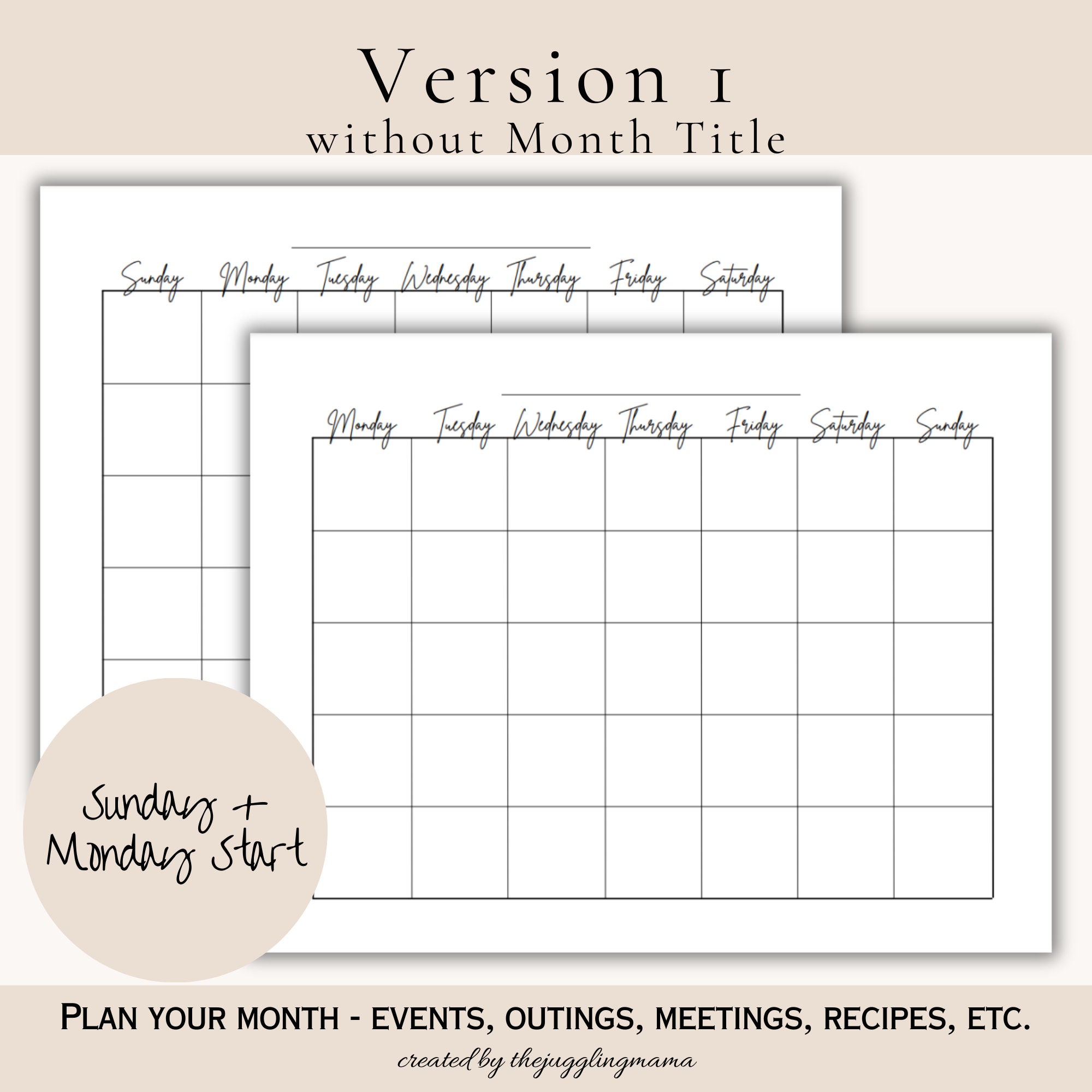 Printable Blank Monthly Calendar Landscape Template Monthly - Etsy