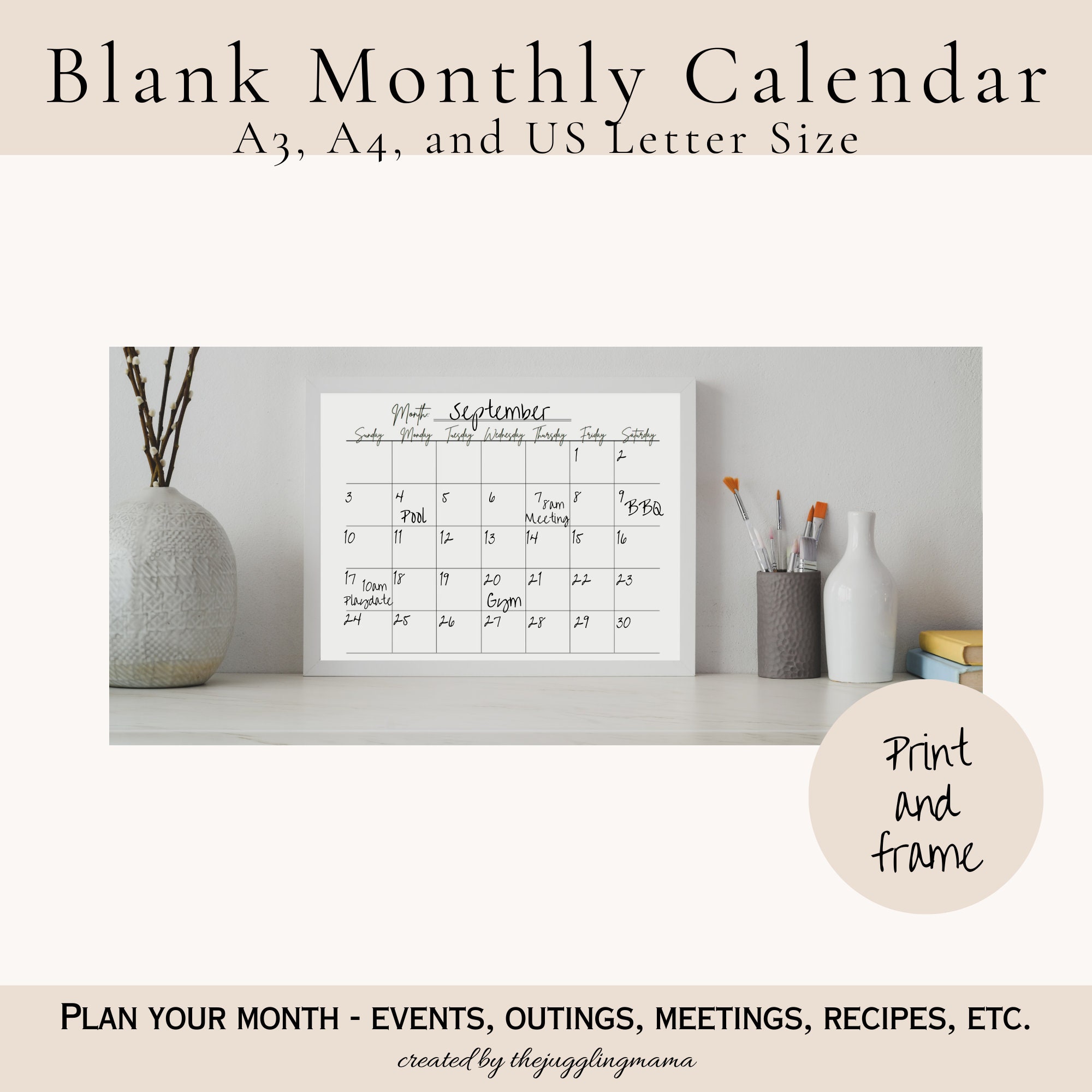 Printable Blank Monthly Calendar Landscape Template Monthly - Etsy