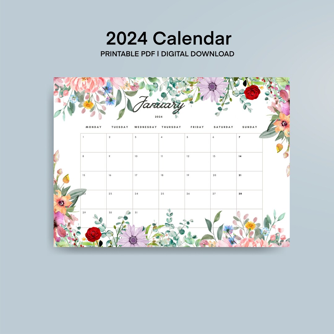 2024 Printable Floral Simple Calendar 11x8.5 Horizontal - Etsy