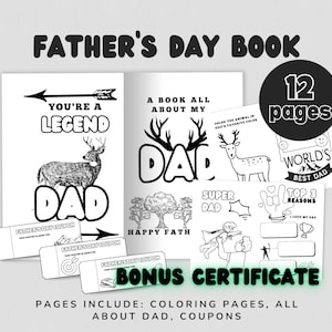 All About Dad Fun Father's Day Book with Coloring Pages, Coupons & More, Hunting Dad Gift for Hunter, World's Best Dad Certificate Included