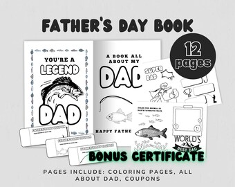 May include: A Father's Day book with 12 pages, featuring coloring pages, coupons, and activities. The cover says "You're a Legend Dad" with a fish illustration. Includes a bonus certificate. The book's theme is centered around celebrating fathers.