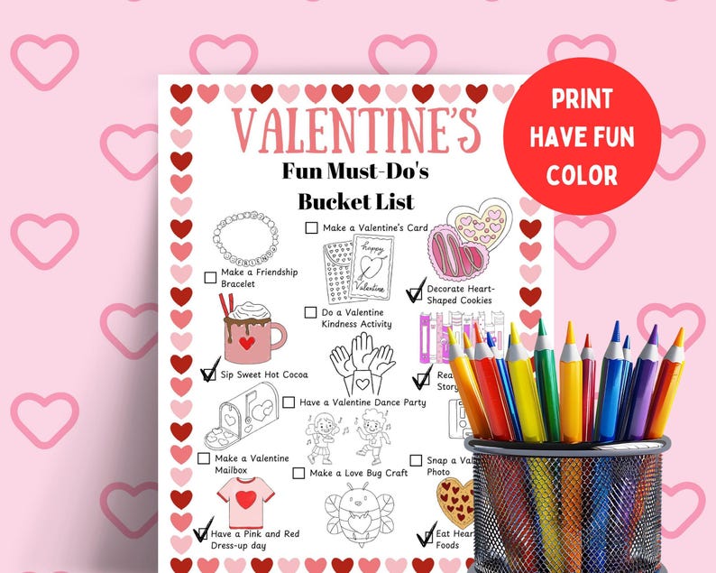Fun Checkboxes Valentine's Bucket List Activity, Kids Valentine Activity Coloring Page ...