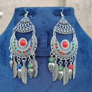 Silver chandelier earrings, multicolor afghani earrings, unique drop style earrings, boho earrings, multi color earrings