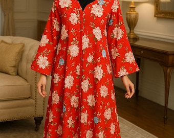 Vestido Abaya Floral Rojo: Vestido Musulmán Boho para Mujer, Largo de 52 pulgadas, Vestido con Estampado Paquistaní