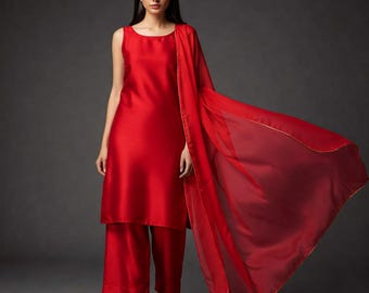Silk Shalwar Kameez Set: Elegant Ethnic Wear with Chiffon Dupatta