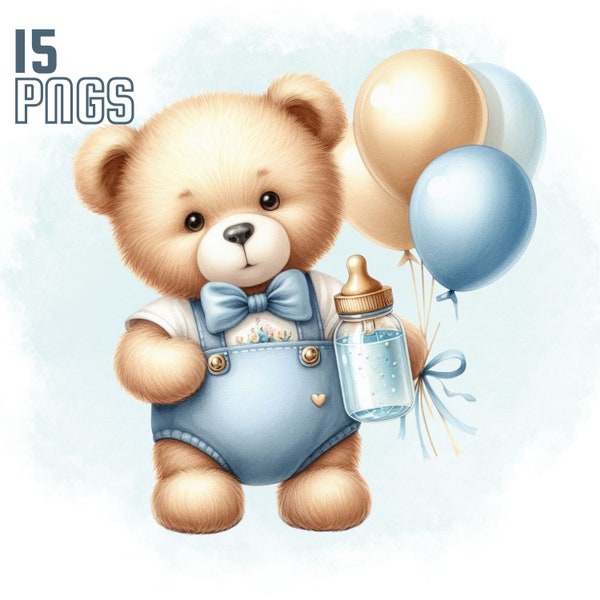 15 Watercolor Blue Teddy Bear Baby Shower Clipart PNG Sublimation Bundle PNG Digital Download Commercial Use