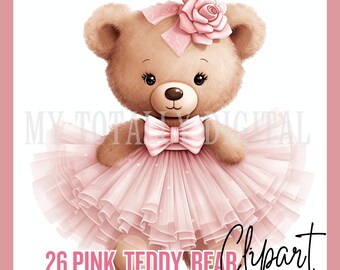 26 Pink Teddy Bear acquerello Baby Shower Clipart PNG Bundle sublimazione Download digitale