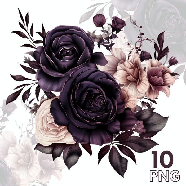 10 Watercolor Dark Moody Floral Gothic Clipart PNG Sublimation Bundle PNG Digital Download Commercial Use