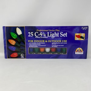 May include: A blue rectangular box for a 25 C-9 1/4 light set. The packaging features images of multi-colored bulbs, text stating for indoor and outdoor use, all-weather coated wiring, 25 feet long, and 12-inch spacing between the light bulbs.