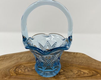 Blue Glass miniature basket. Criss Cross intertwined pattern with star pattern on bottom and lightly twisted handle. No chips or cracks