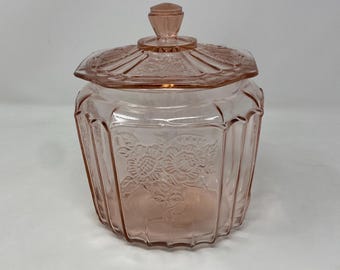 Vintage Anchor Hocking "Mayfair" aka "Open Rose" Pink Depression Glass Cookie Jar With Lid ~ 1931 - 1937. Preowned.