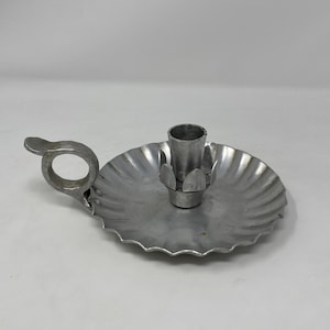 Everlast Forged Aluminum Candle Holder With  Attached Scalloped Edged Plate. Hammered Hand Forged Handle.