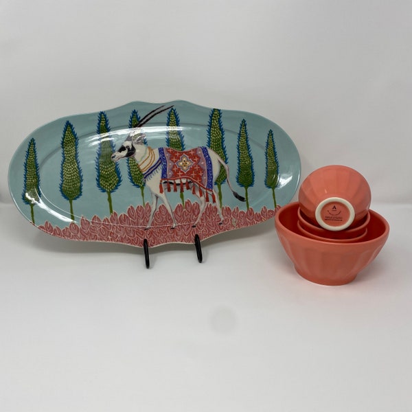Anthropologie Paige Gemmel Eastern Animal platter with color matching dip bowls-1 lg & 3 sm. Preowned without chips, cracks, or fading